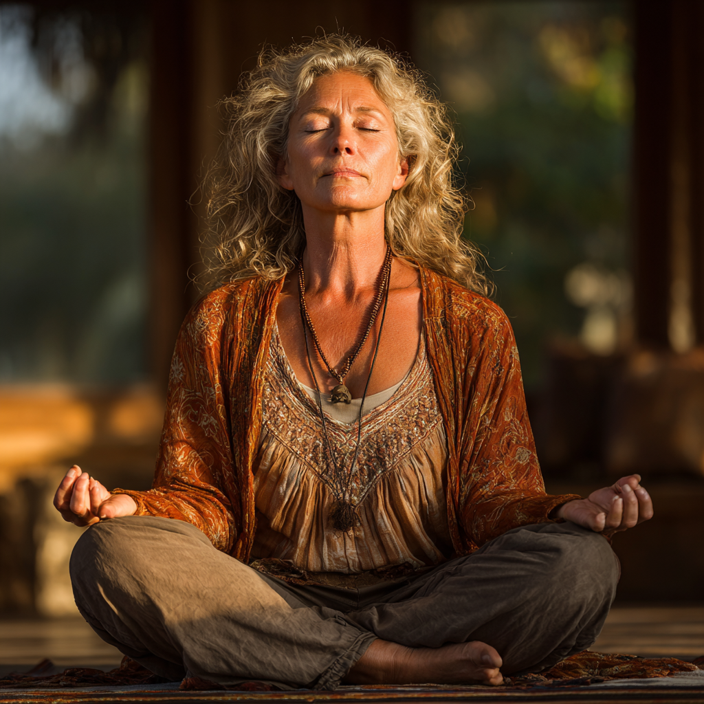 Femeie în vârstă de 52 de ani stând în poziția de meditație cu ochii închiși, mâinile în mudra, în lumina blândă a dimineții