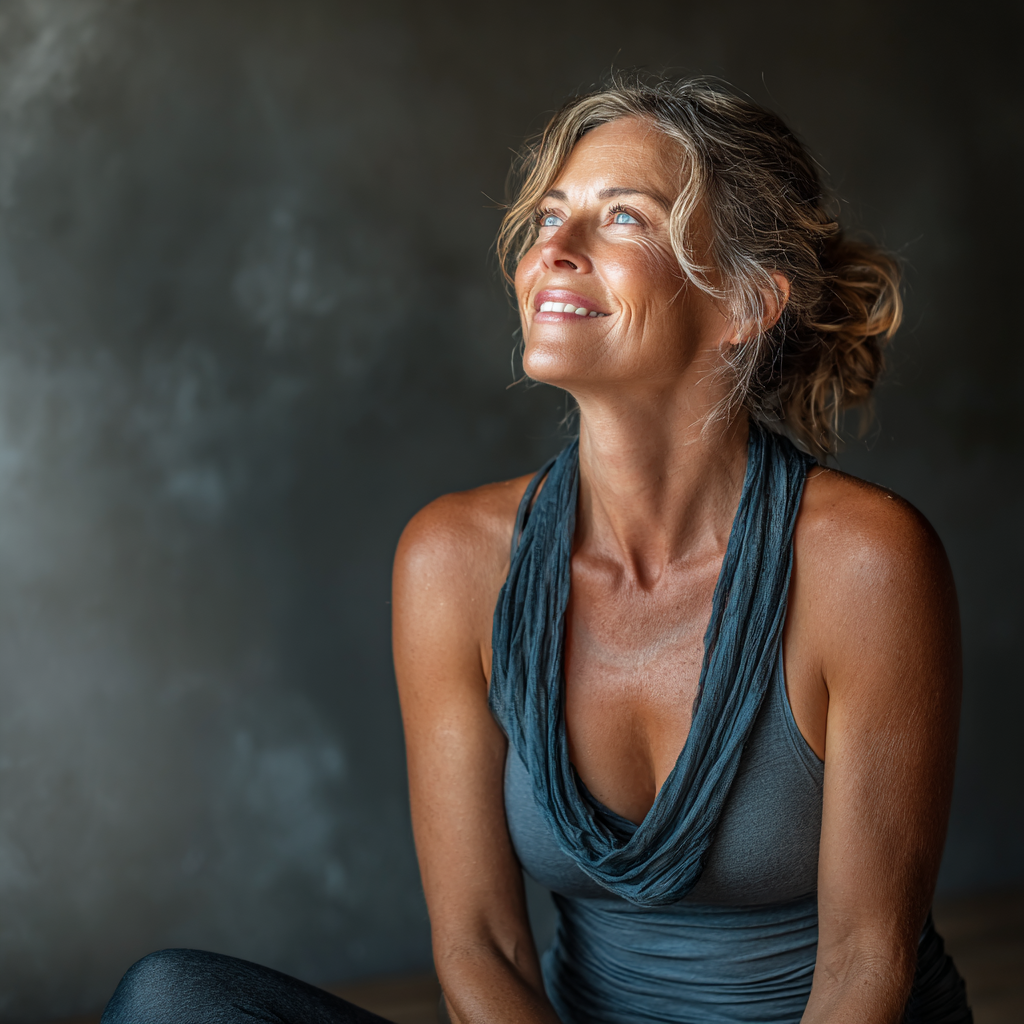 Doamnă în vârstă de 55 de ani practicând yoga într-o poziție blândă de stretching, zâmbind liniștit