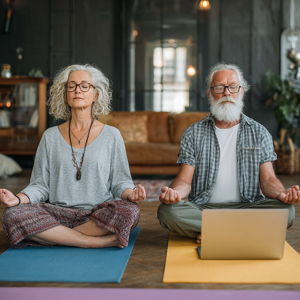 Cuplu de 60 și 56 de ani practicând yoga acasă în fața laptopului, urmărind o lecție online, cu covoare de yoga colorate în living