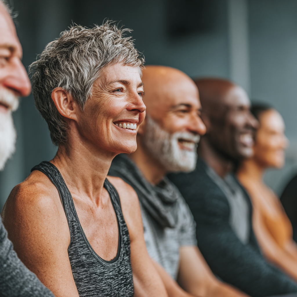 Bărbat în vârstă de 58 de ani meditând în poziția lotus pe o terasă cu vedere la natură, cu ochii închiși și expresie pașnică